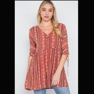 SOLD-Trendy Rust V-Neck 3/4 Sleeve Button-Front Boho Top